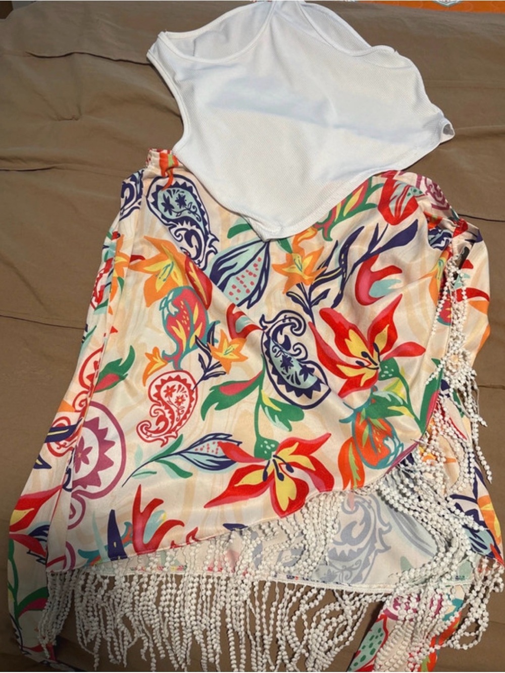 Women’s White Tankini Top with Multicolor Floral Beach wrap around skirt